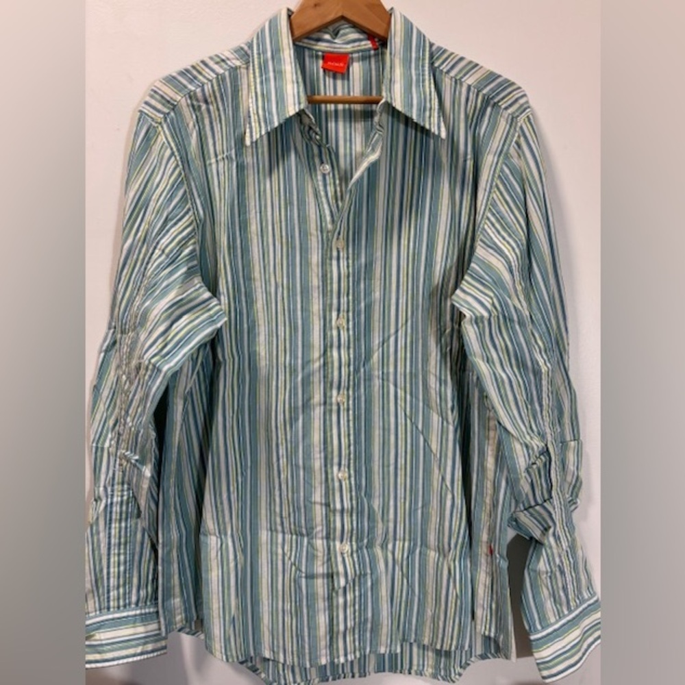 Boss Blue White & Yellow Vivid Stripes Long Regular Fit L/S Shirt XL